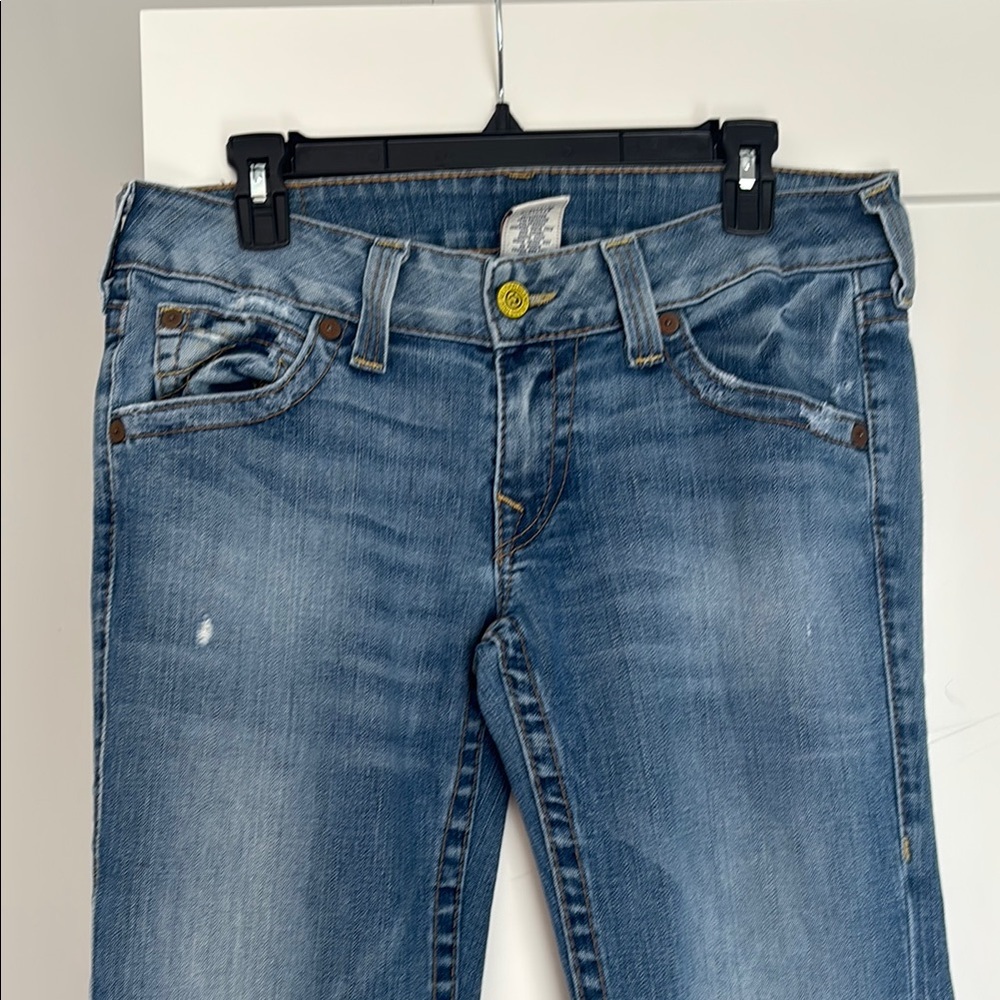 True Religion low rise twisted seam flares